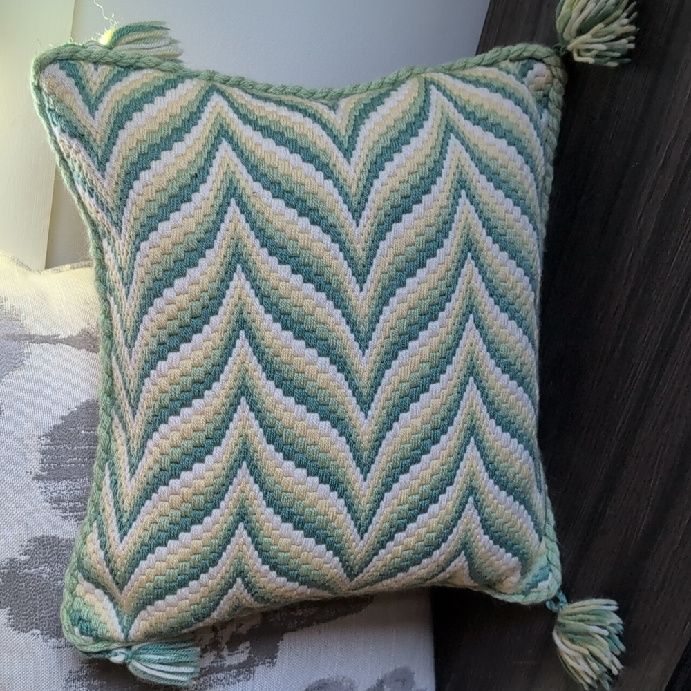 Bargello Needlepoint Vintage Pillow  Patterned Green and Cream Throw Pillow - Picture 6 of 6